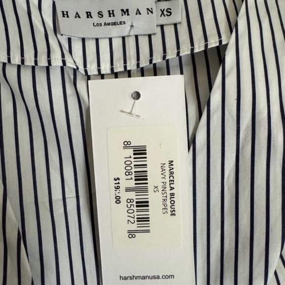 Harshman XS Marcela Stripe Puff-sleeve Peplum Wrap Blouse Navy NWT MSRP $192 - Picture 5 of 9